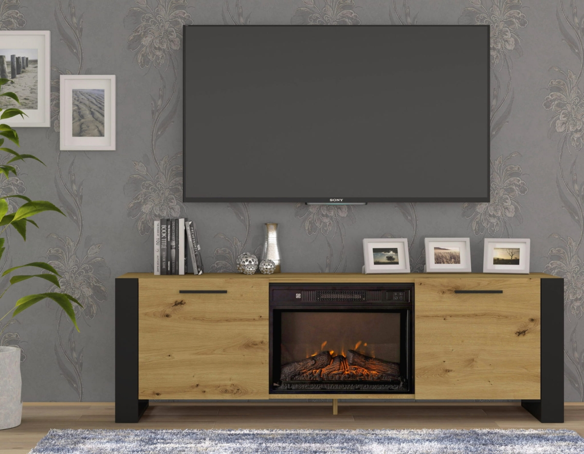 Szafka RTV Nuka 180 cm z kominkiem dąb artisan