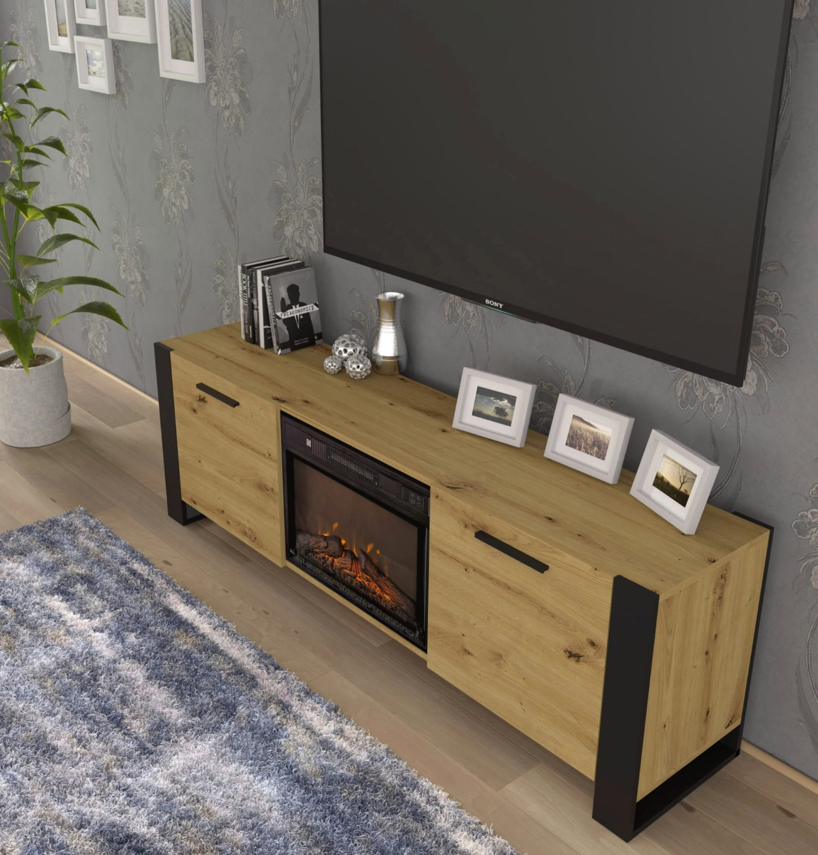 Szafka RTV Nuka 180 cm z kominkiem dąb artisan