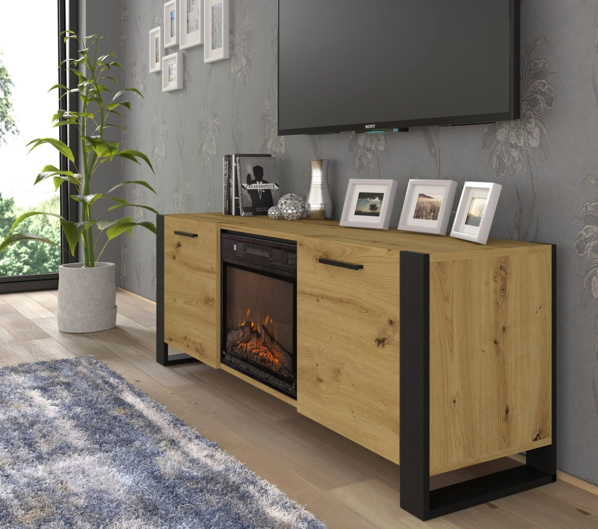 Szafka RTV Nuka 180 cm z kominkiem dąb artisan