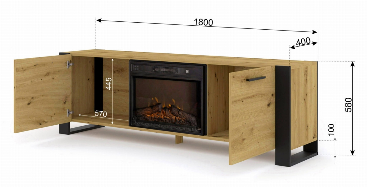 Szafka RTV Nuka 180 cm z kominkiem dąb artisan