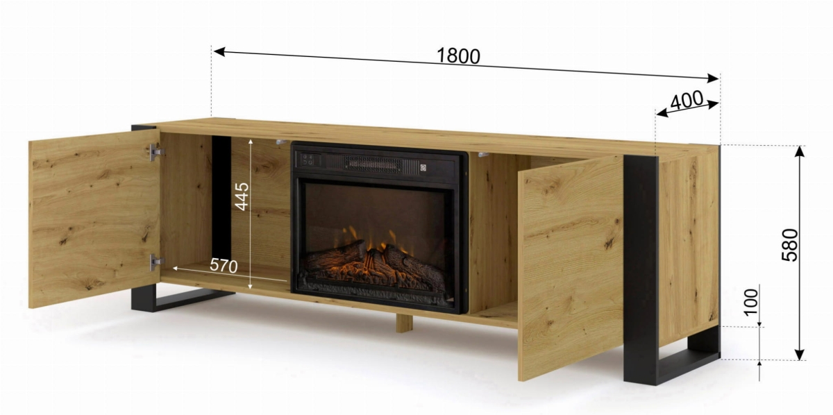 Szafka RTV Mondi 180 cm z kominkiem dąb artisan
