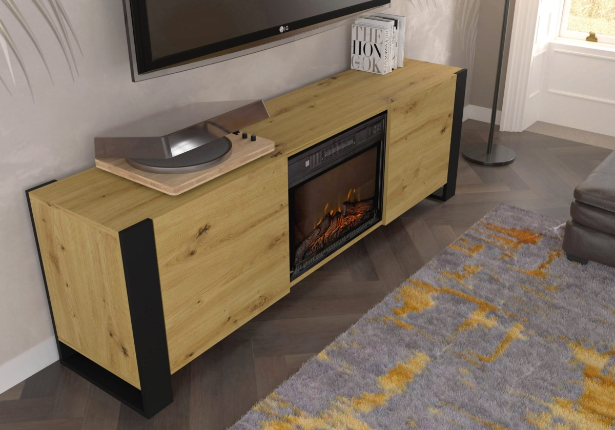 Szafka RTV Mondi 180 cm z kominkiem dąb artisan