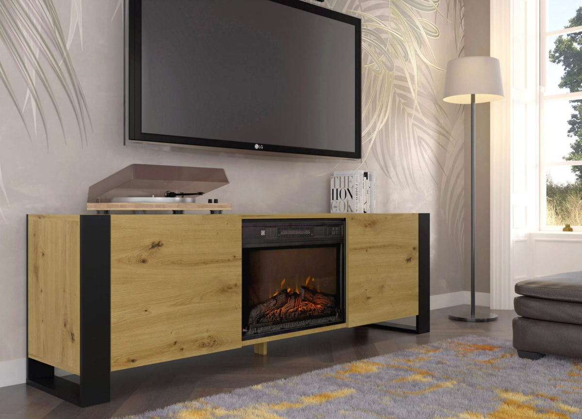 Szafka RTV Mondi 180 cm z kominkiem dąb artisan