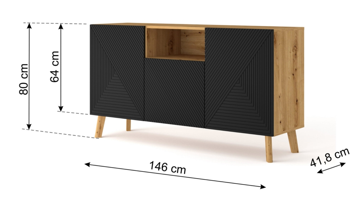 Komoda LUXI 3D 146 cm dąb artisan / czarny mat