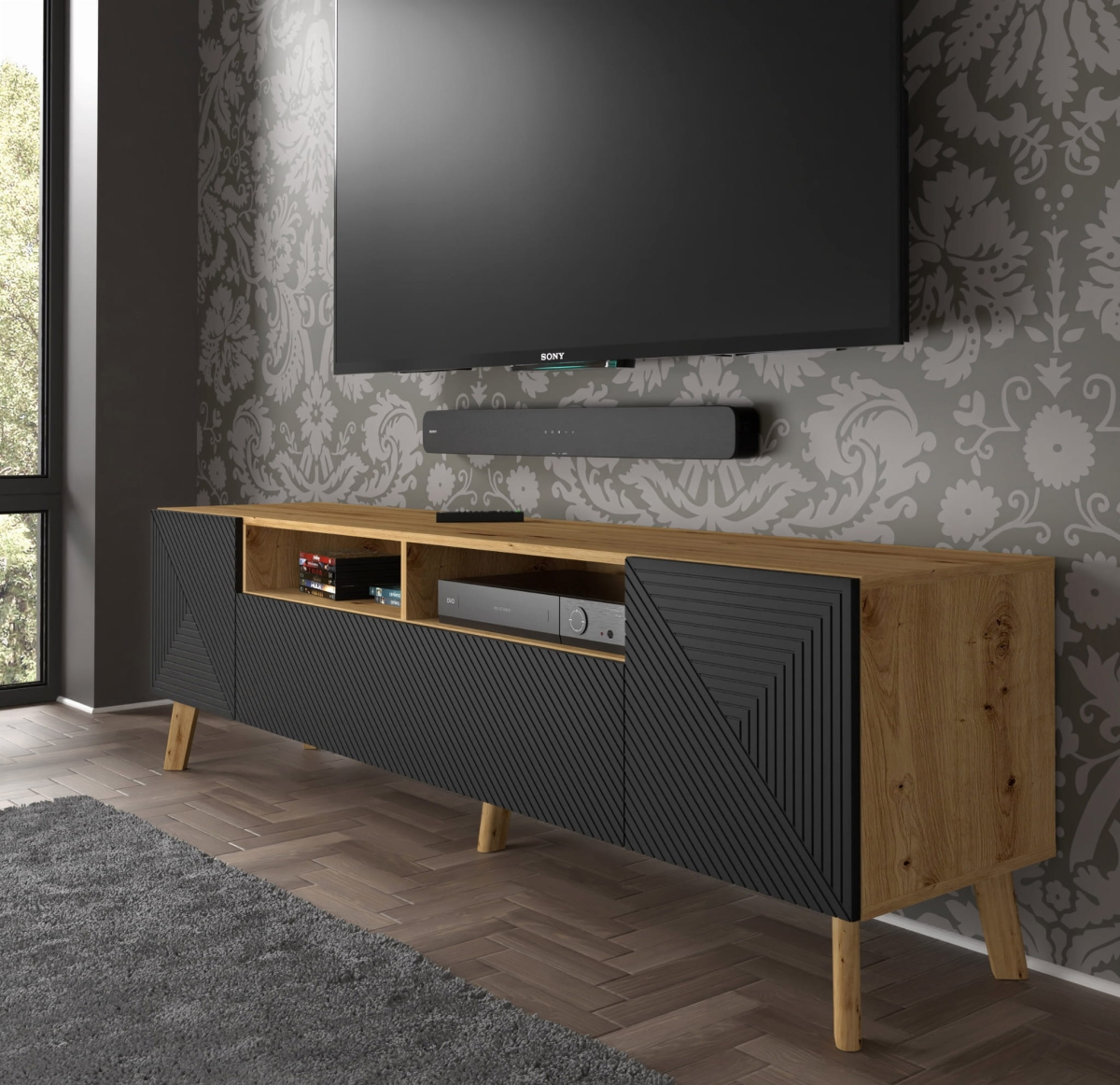 Szafka RTV LUXI 195 cm dąb artisan / czarny mat