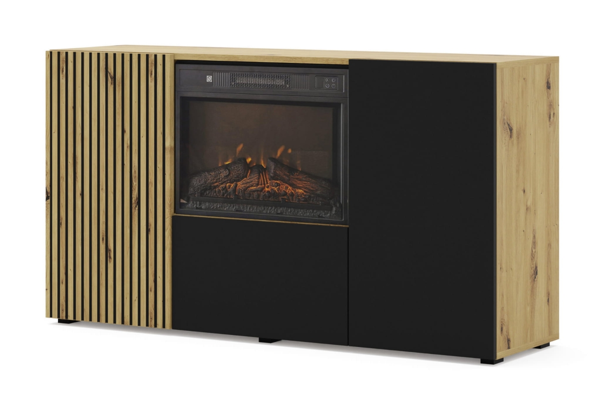 Komoda Auris 3D z kominkiem dąb artisan czarny mat