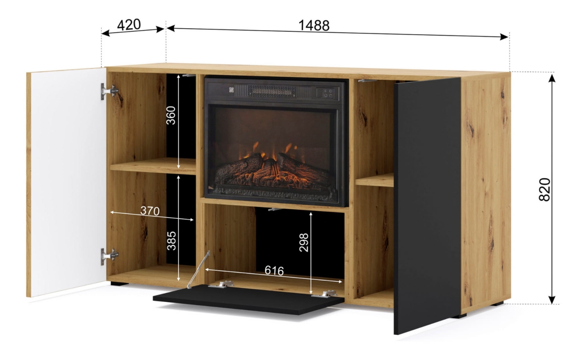 Komoda Auris 3D z kominkiem dąb artisan czarny mat