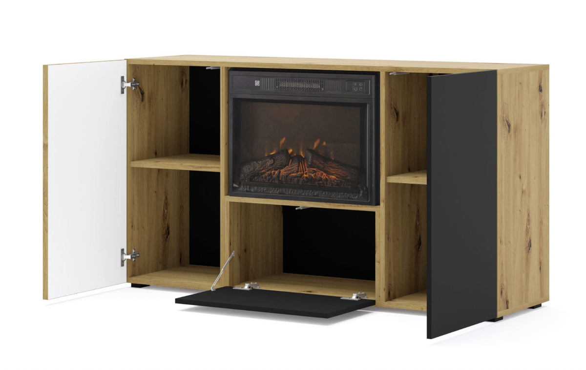 Komoda Auris 3D z kominkiem dąb artisan czarny mat