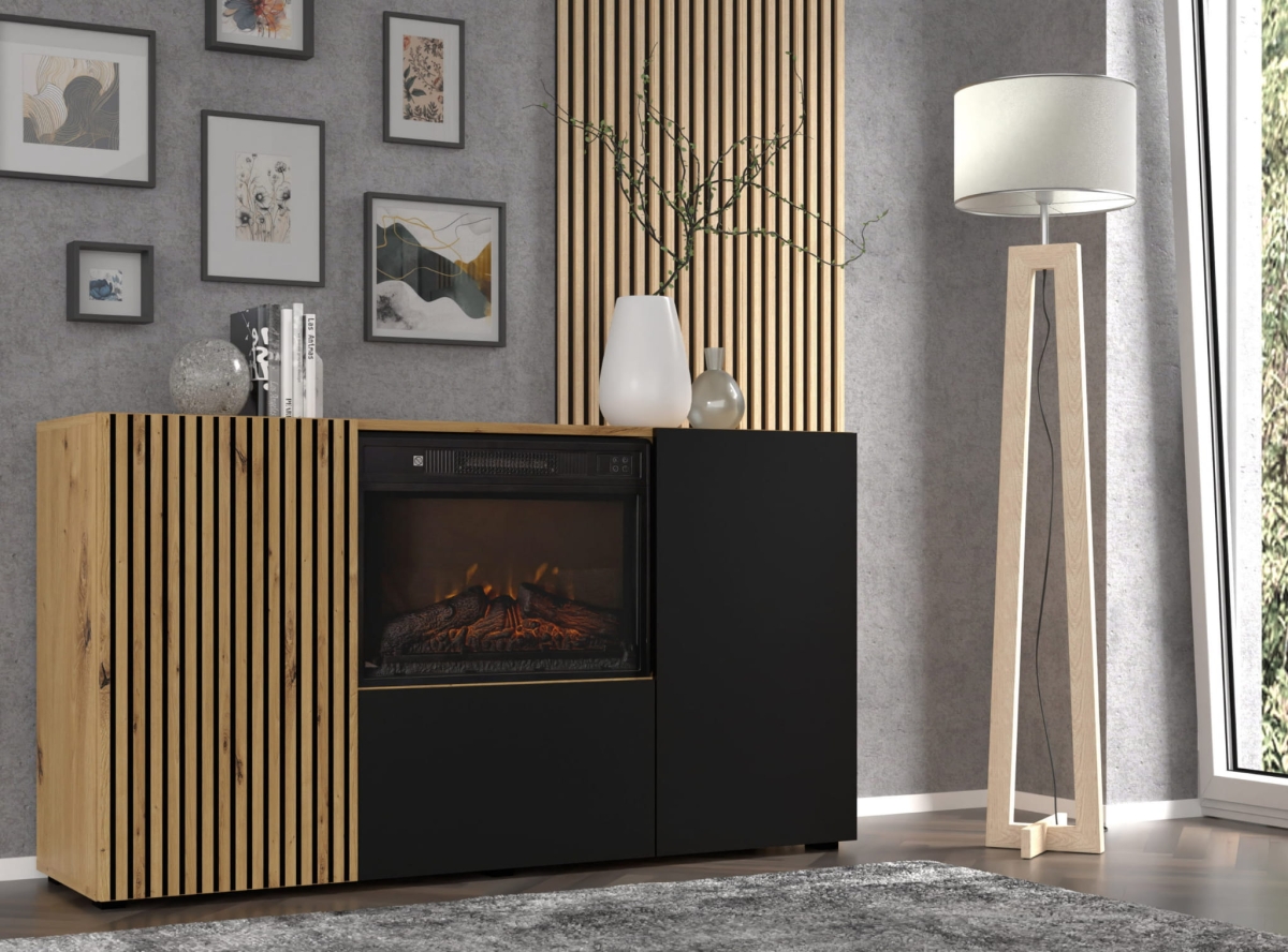 Komoda Auris 3D z kominkiem dąb artisan czarny mat