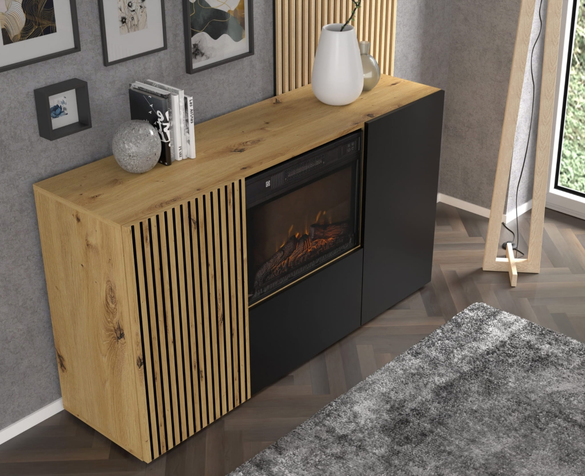 Komoda Auris 3D z kominkiem dąb artisan czarny mat