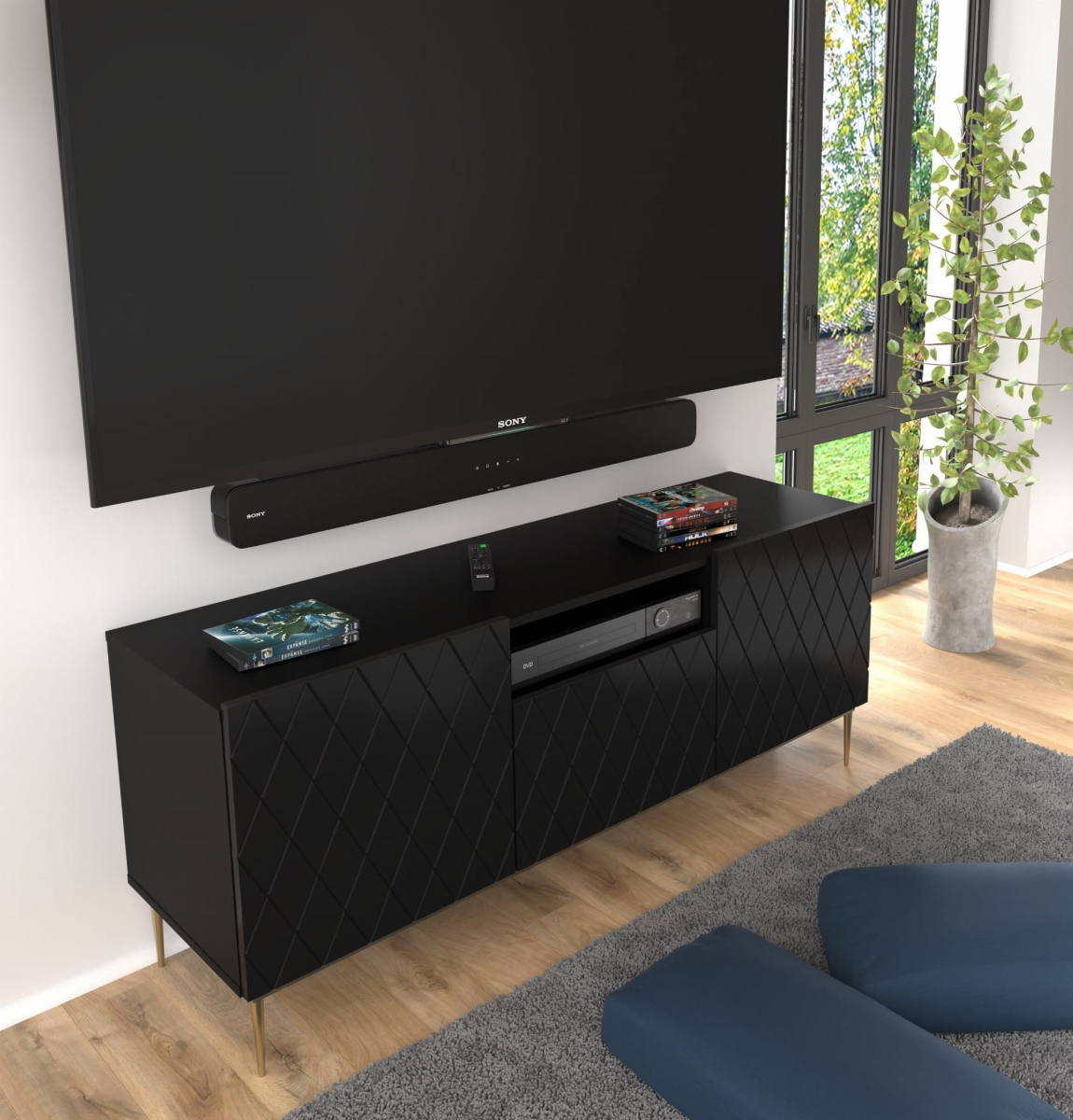 Szafka RTV Diuna 2D1K 145 cm czarny mat MDF czarna rama