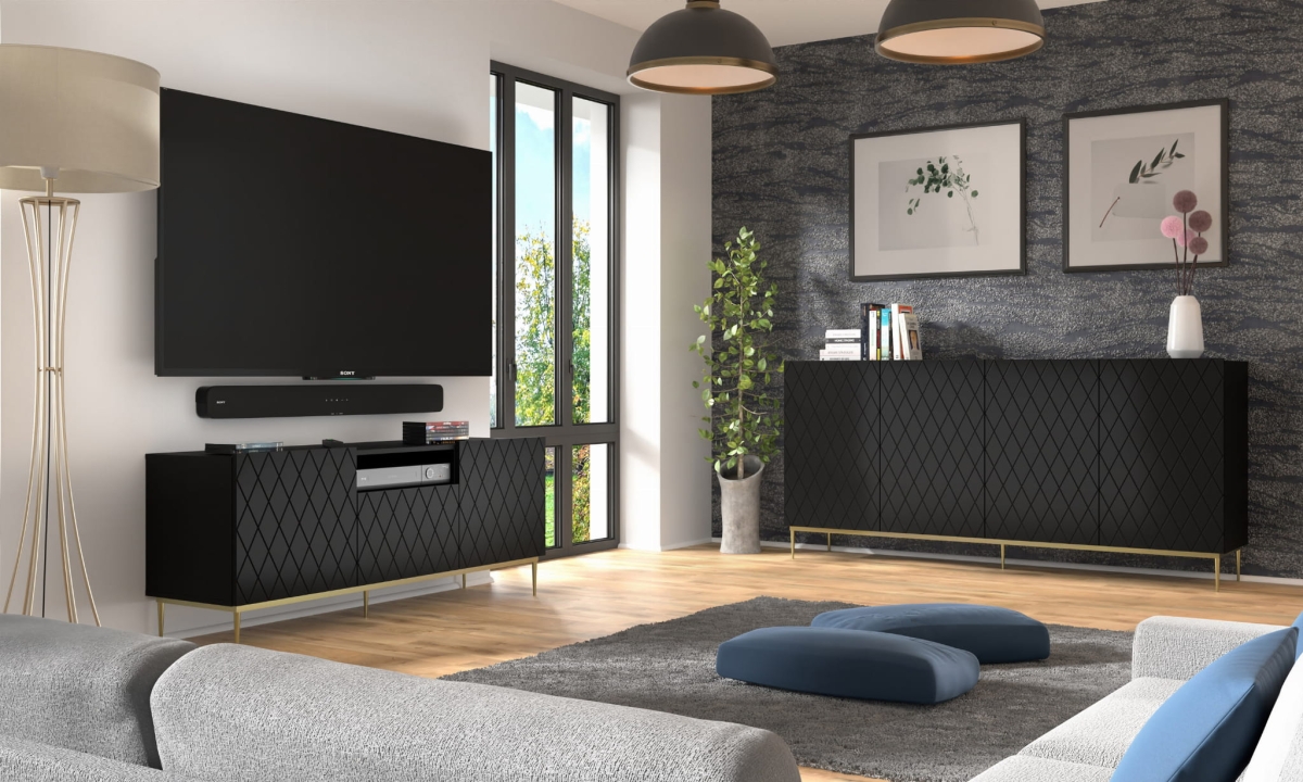 Szafka RTV Diuna 2D1K 145 cm czarny mat MDF szpilka