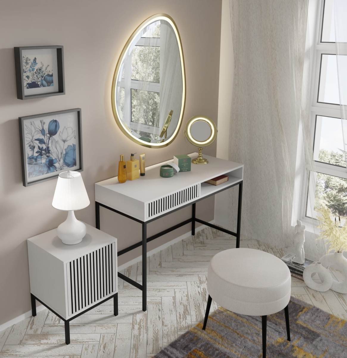 Ravenna F Toaletka 1S frez MDF malowany biały mat/czarny mat, czarna rama