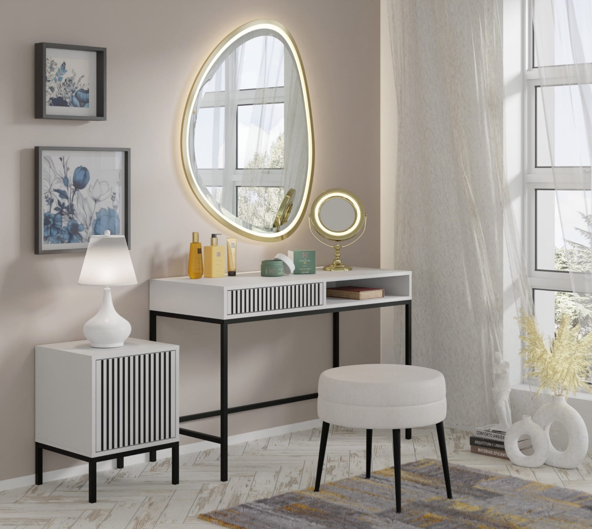 Ravenna F Toaletka 1S frez MDF malowany biały mat/czarny mat, czarna rama