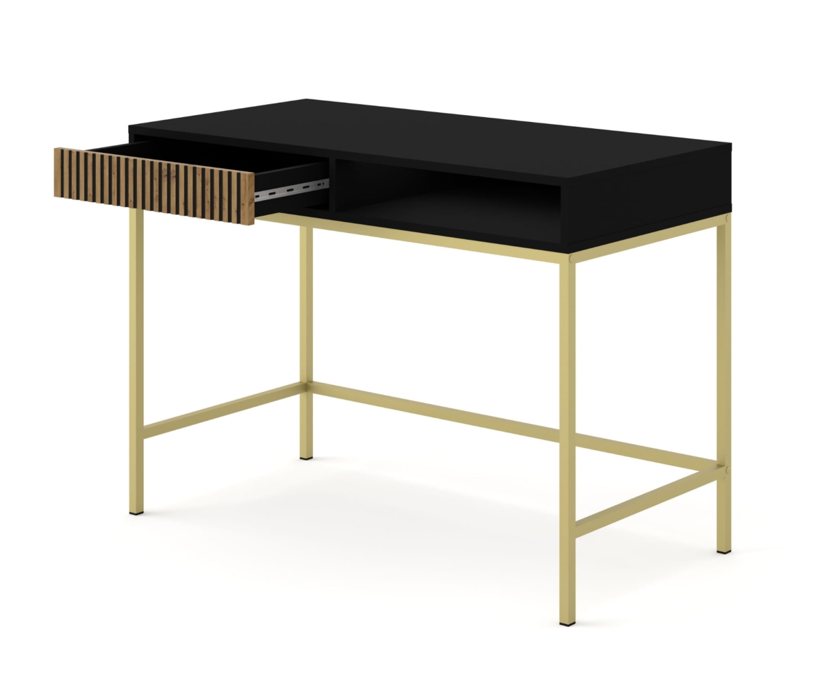 Ravenna F Toaletka 1S frez MDF malowany czarny mat/dąb artisan, złota rama