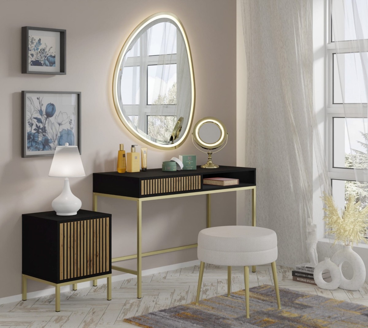 Ravenna F Toaletka 1S frez MDF malowany czarny mat/dąb artisan, złota rama