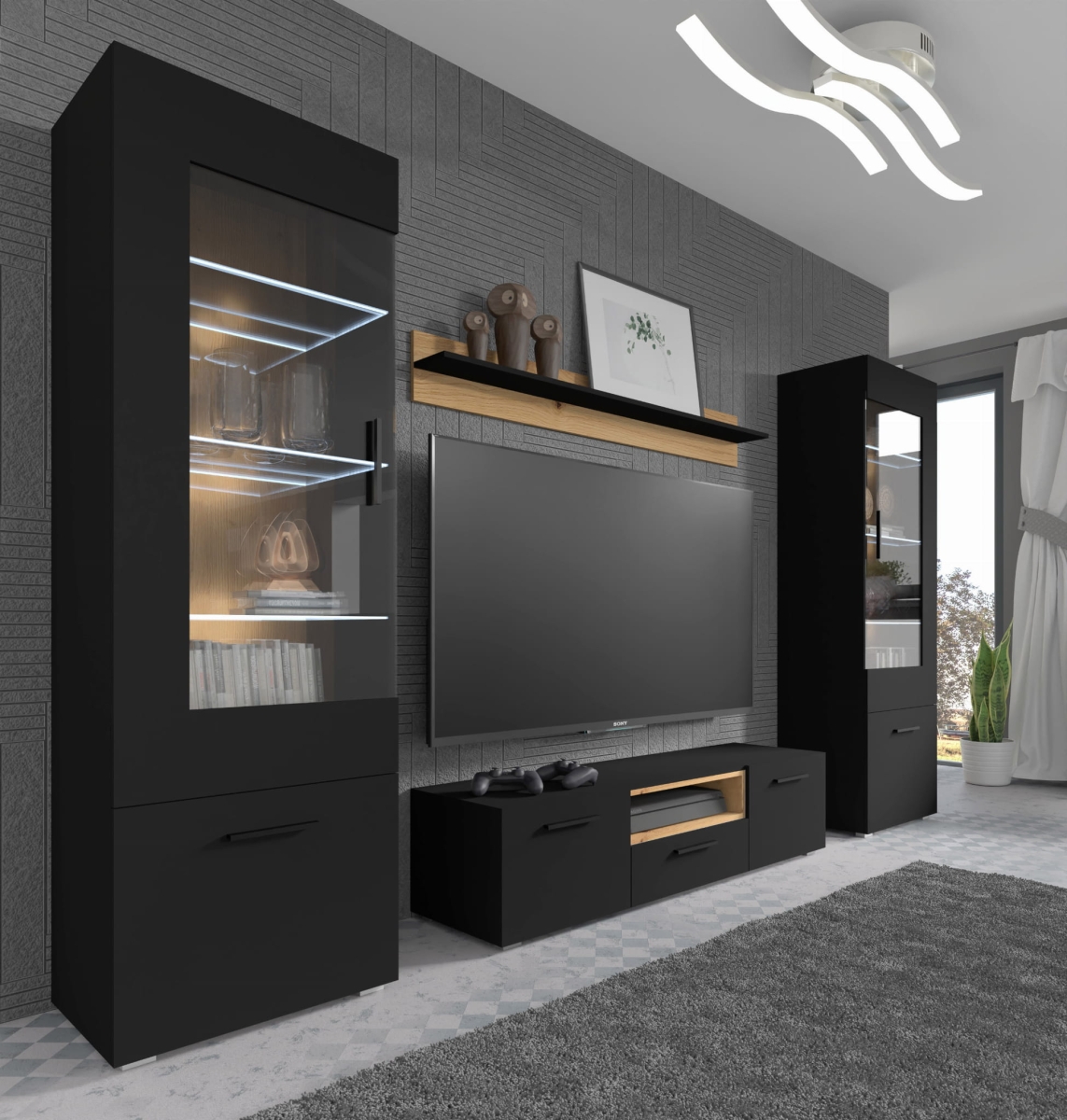 Półka Anette B 150 cm czarny mat wstawka dąb artisan