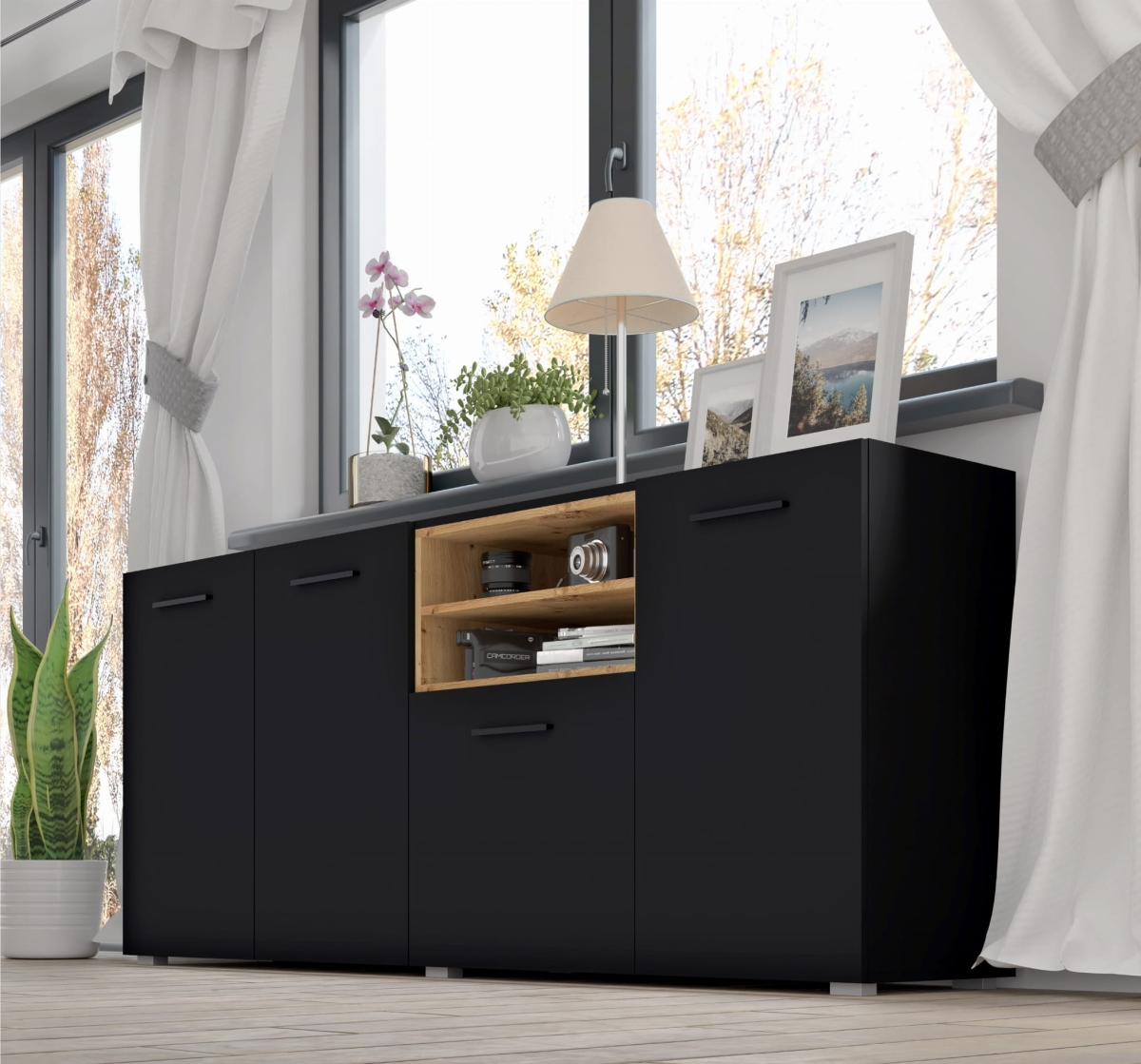 Komoda Anette L 151 cm czarny mat wstawka dąb artisan