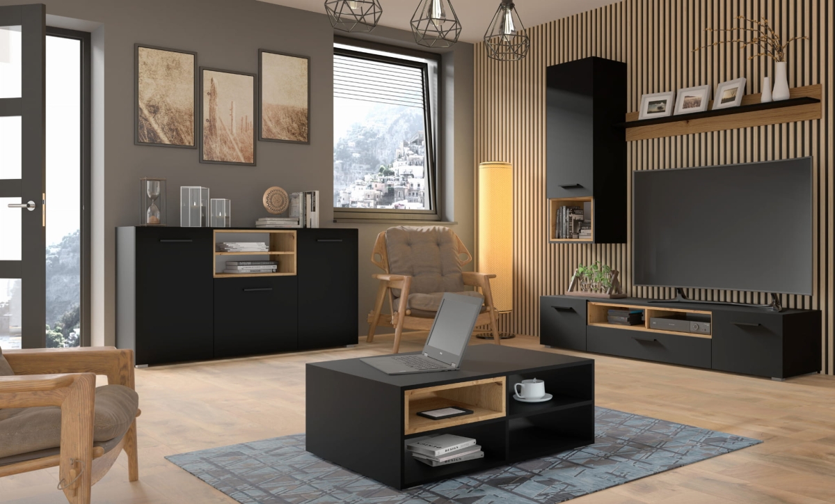 Komoda Anette L 151 cm czarny mat wstawka dąb artisan