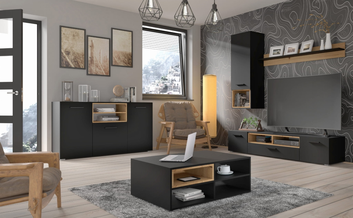 Komoda Anette L 151 cm czarny mat wstawka dąb artisan