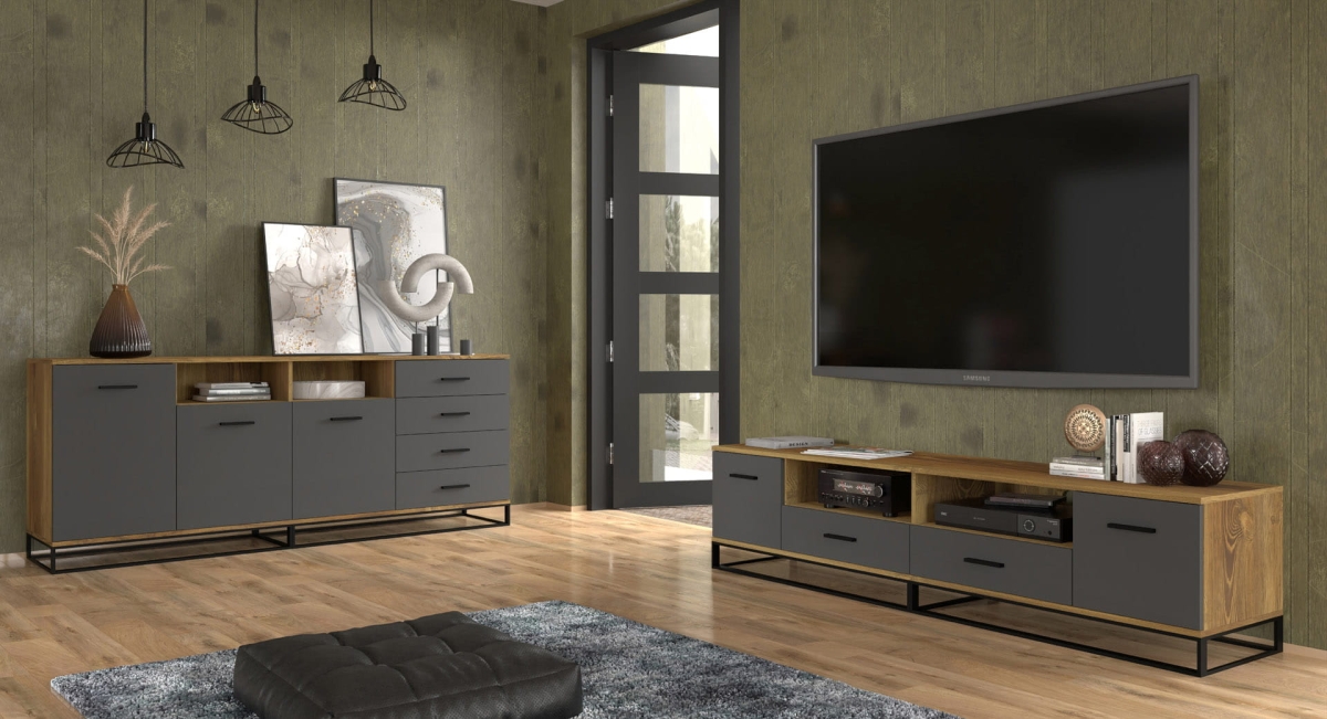 Szafka RTV ARSEN 2D2S 190 dąb palony grafit metal