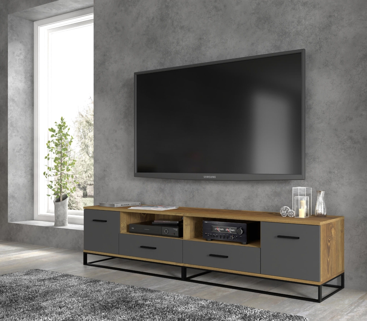 Szafka RTV ARSEN 2D2S 190 dąb palony grafit metal