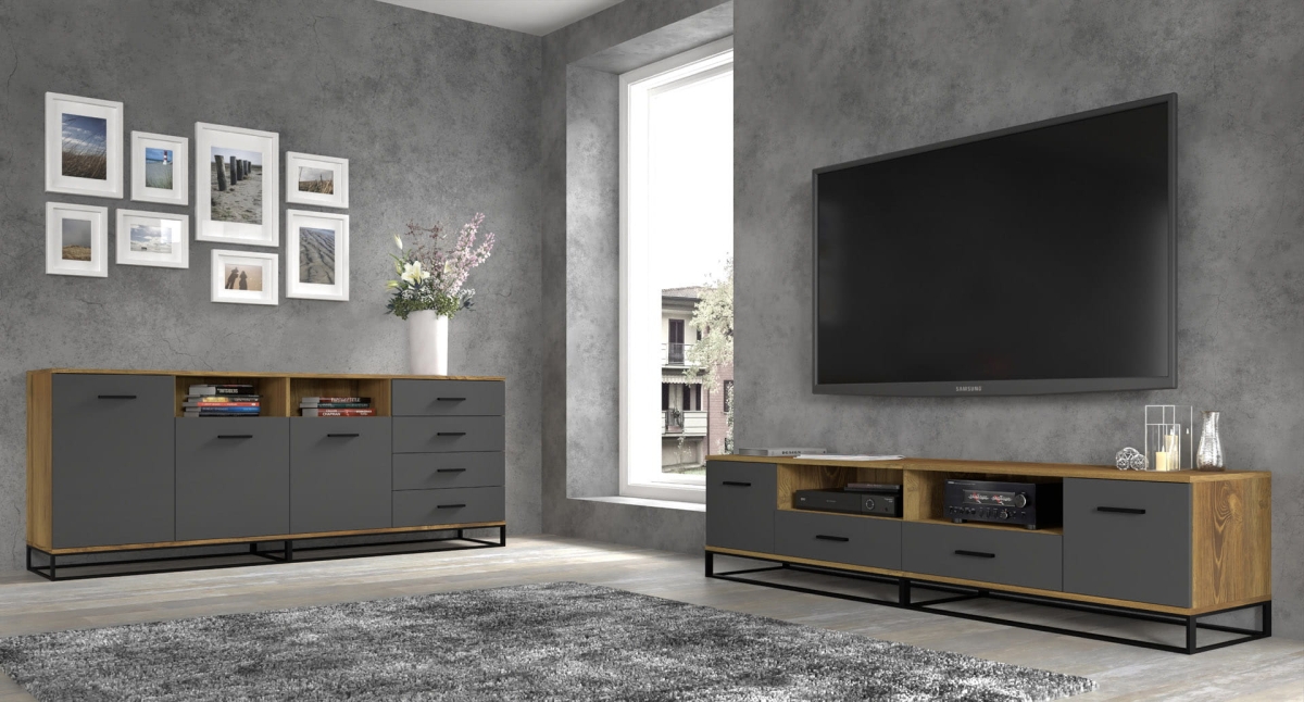 Szafka RTV ARSEN 2D2S 190 dąb palony grafit metal