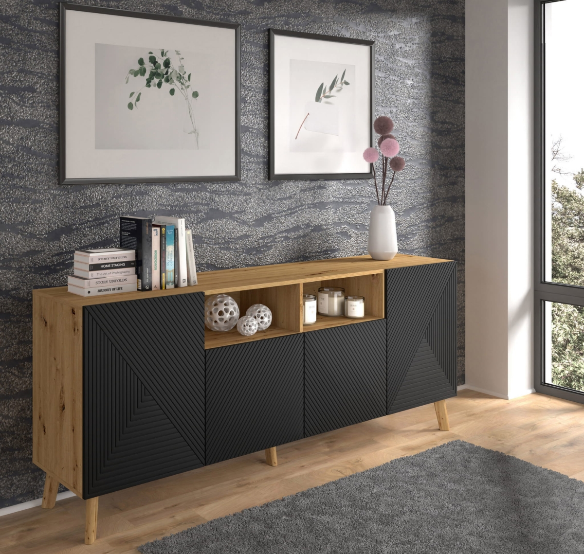 Komoda LUXI 4D 195 cm dąb artisan / czarny mat