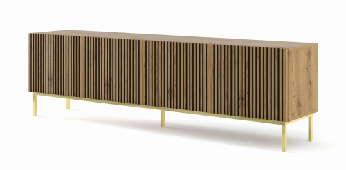 Szafka RTV 200 cm, dąb artisan na złotych nogach, z frezowanym frontem Ravenna F 4D