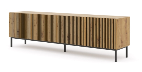 Szafka RTV 200 cm, dąb artisan na czarnych nogach, z frezowanym frontem Ravenna F 4D
