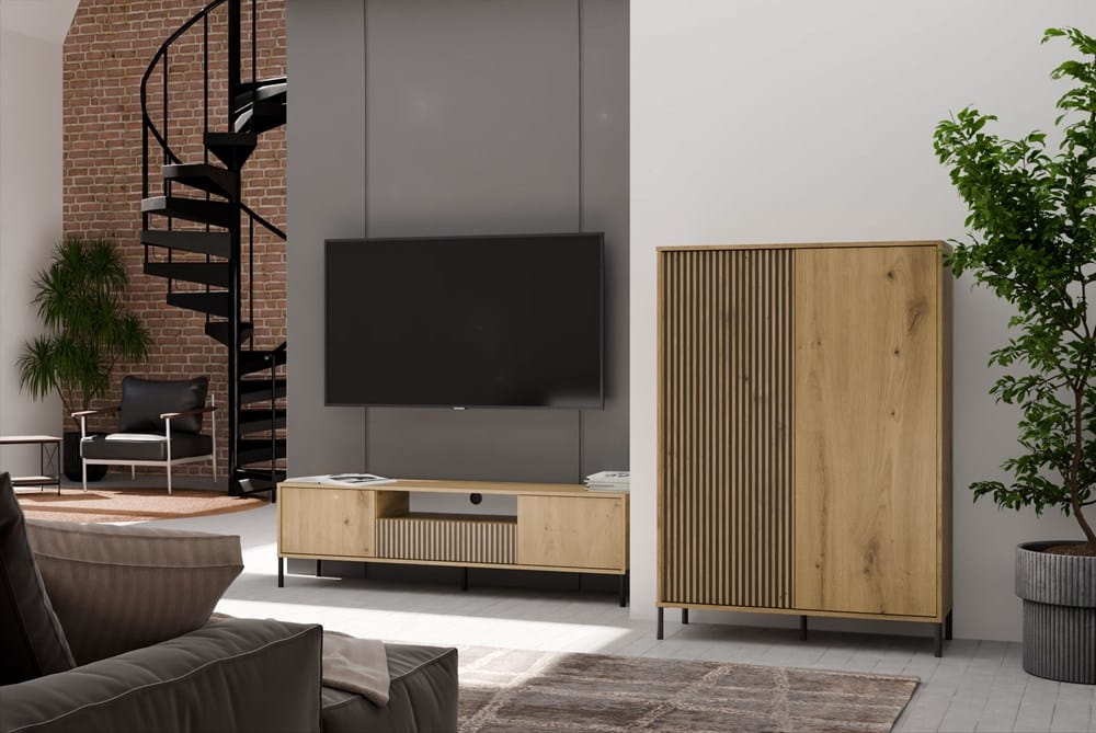 Witryna KAMARO 2DD SLIM/GŁADKI DĄB ARTISAN Lamele Front Ryflowany + Klasyczny