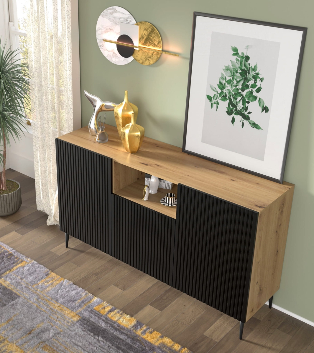 Ravenna PB Komoda 150 2D1DM dąb artisan, czarny mat, czarna szpilka