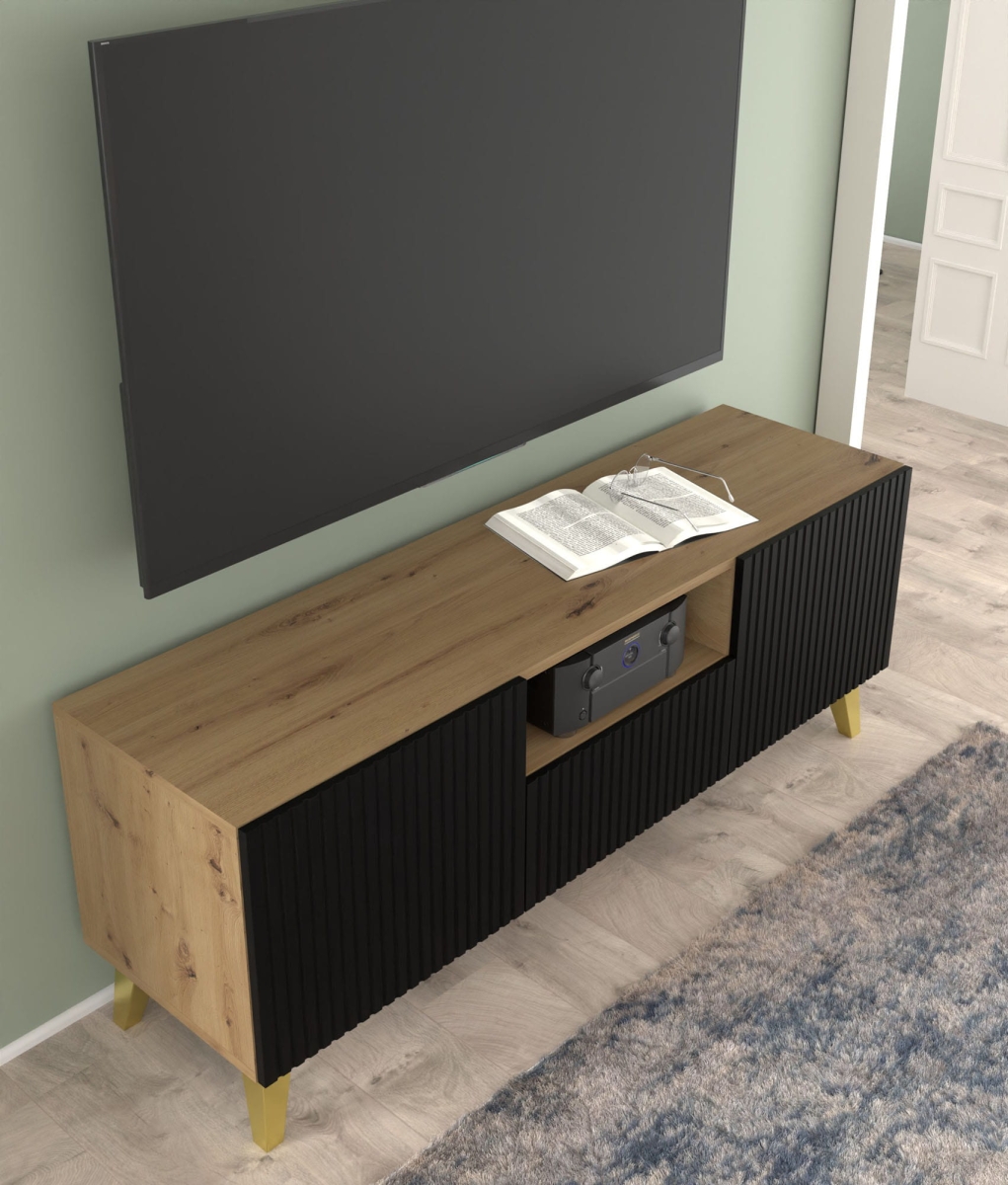 Ravenna PB Szafka RTV 150 2D1S dąb artisan czarny mat, złote nogi