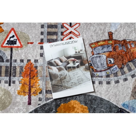 Dywan do prania JUNIOR 51986.803 Tory, lokomotywa dla dzieci, antypoślizgowy - szary 80x150 cm