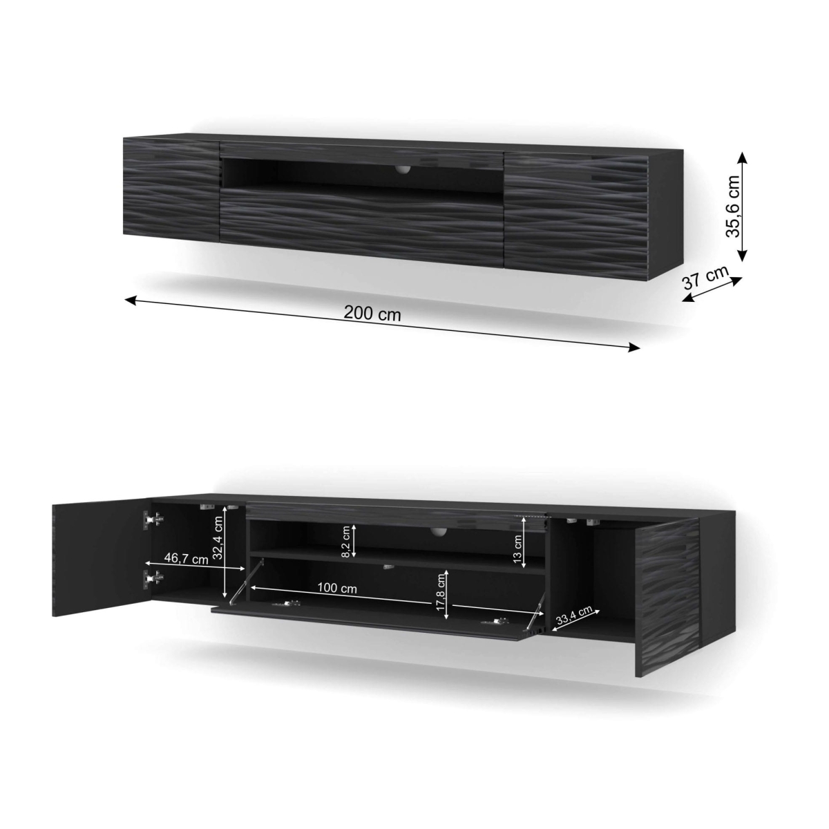 Szafka RTV Aura 200 cm uniwersalna wisząca stojąca czarna sahara (*opcja LED)