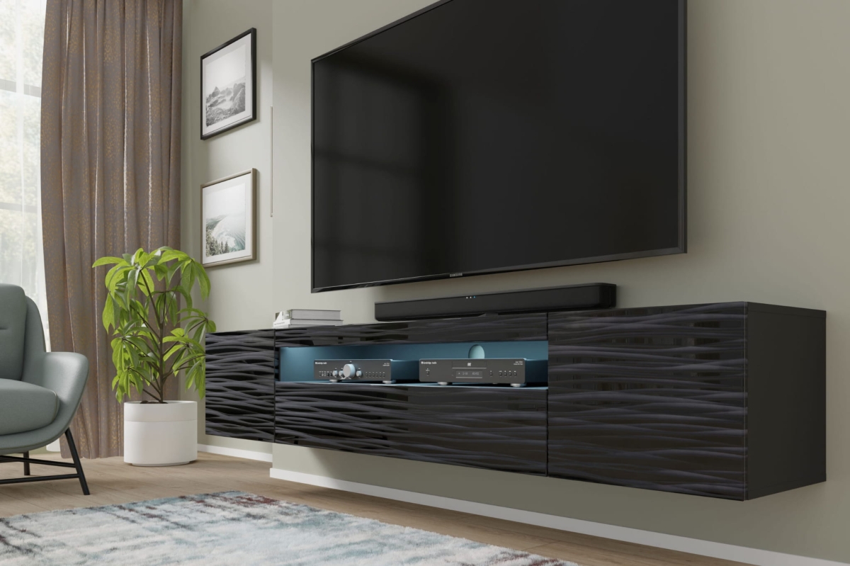 Szafka RTV Aura 200 cm uniwersalna wisząca stojąca czarna sahara (*opcja LED)