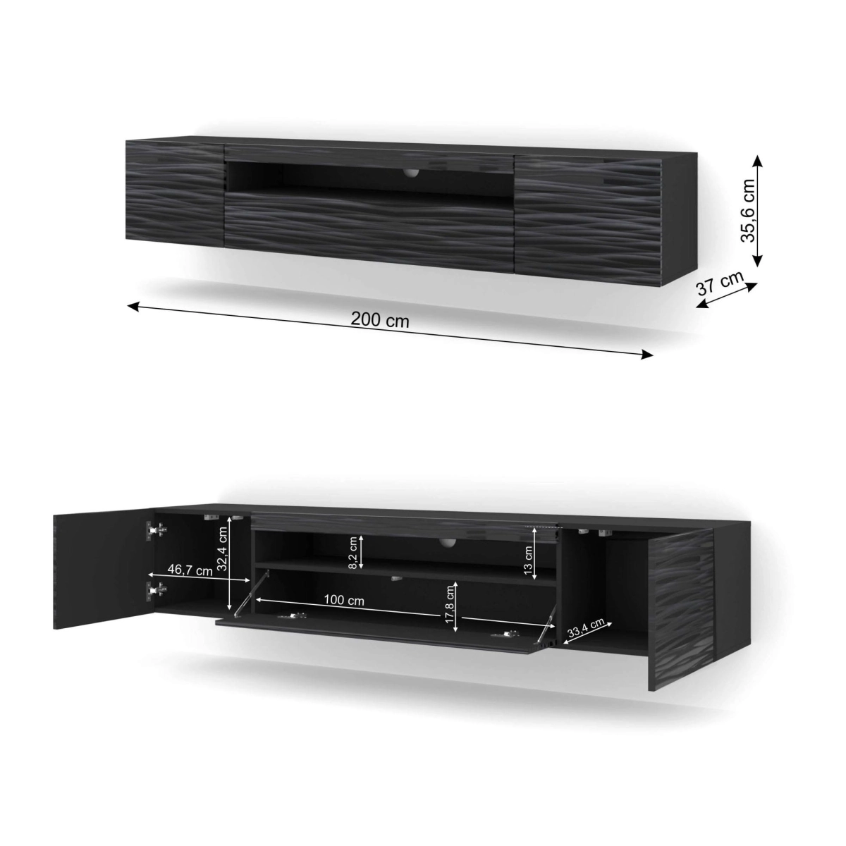 Szafka RTV Aura 200 cm uniwersalna wisząca stojąca czarna sahara