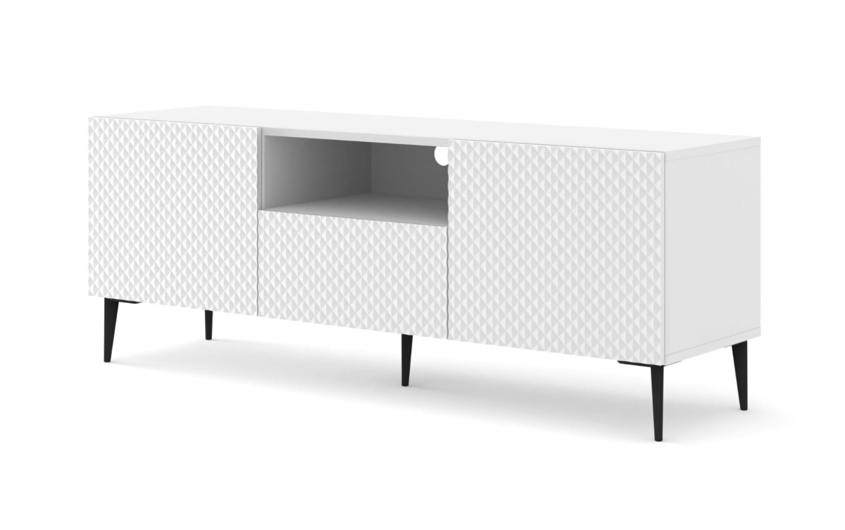 Ravenna PC Diament Szafka RTV 150 2D1S biały mat, biały wysoki połysk, czarna szpilka