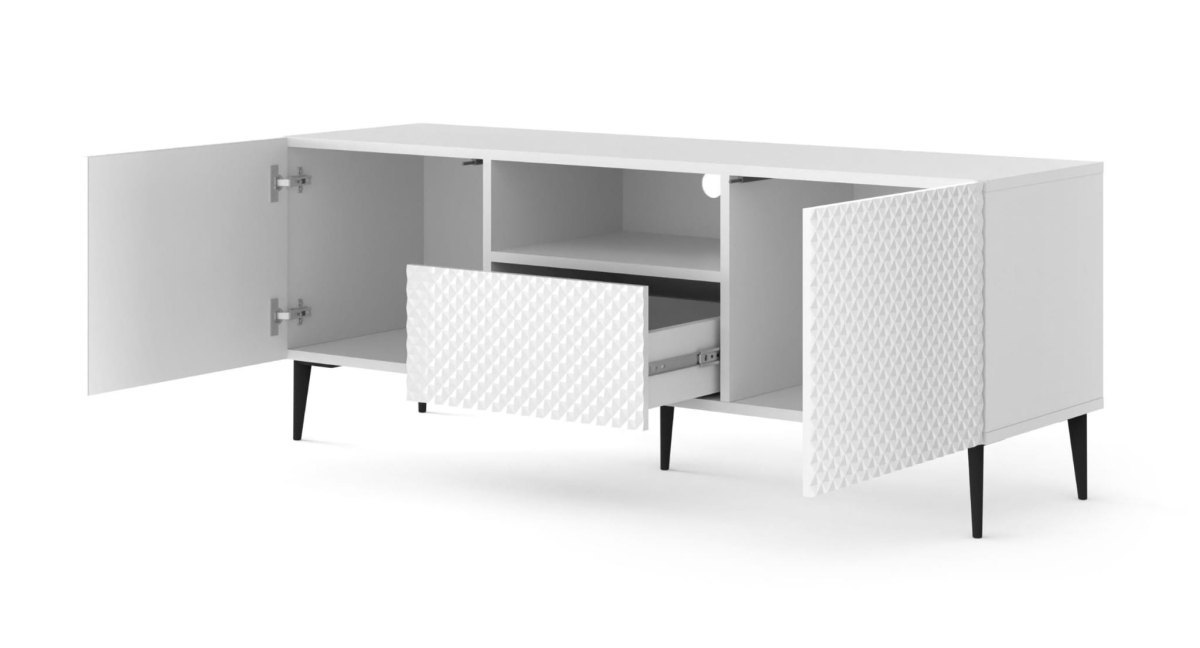 Ravenna PC Diament Szafka RTV 150 2D1S biały mat, biały wysoki połysk, czarna szpilka