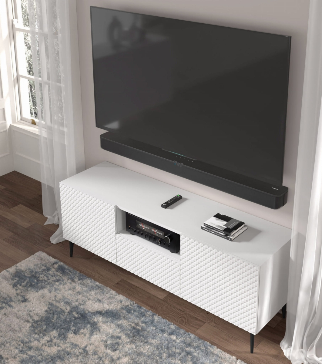 Ravenna PC Diament Szafka RTV 150 2D1S biały mat, biały wysoki połysk, czarna szpilka