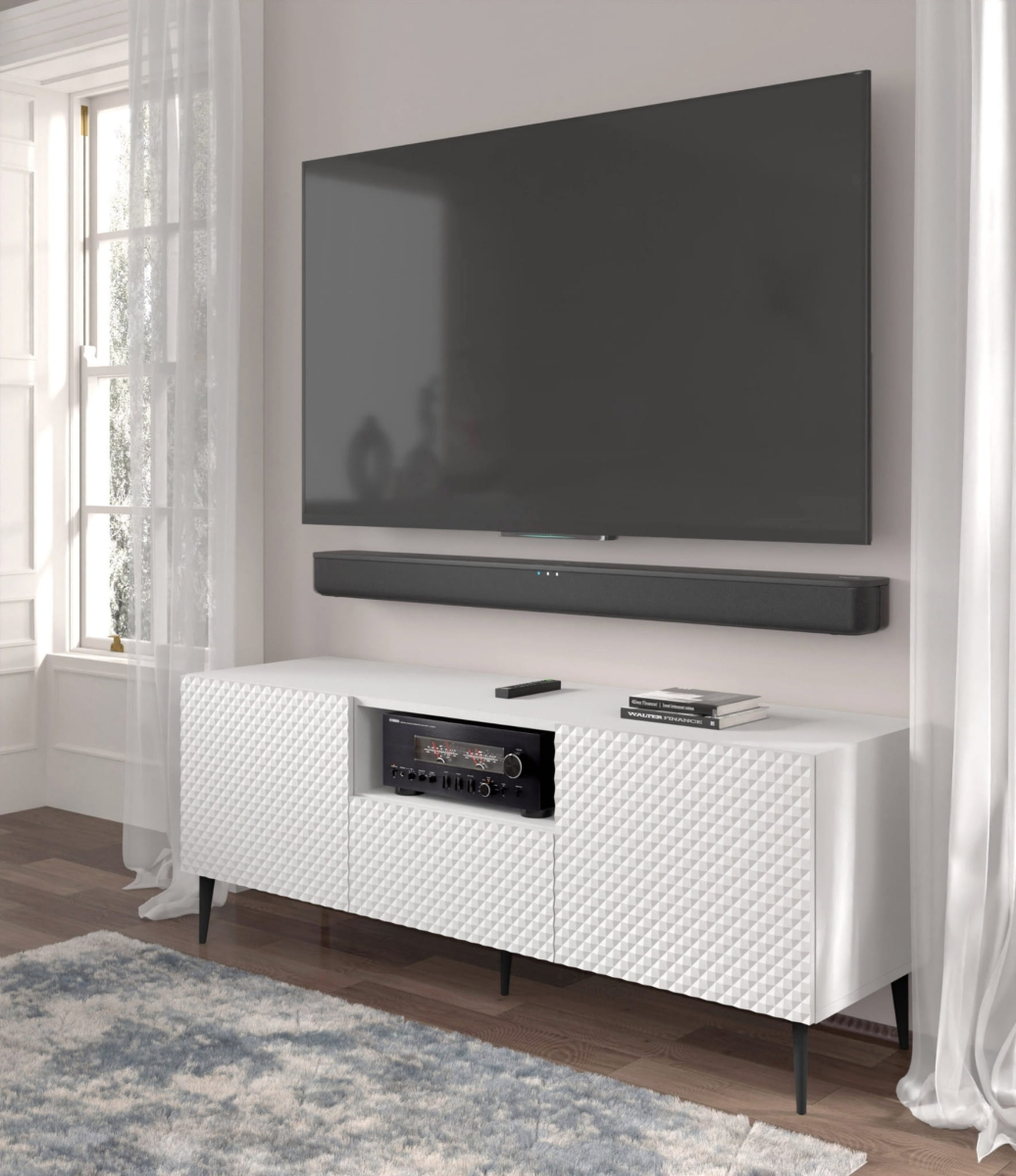 Ravenna PC Diament Szafka RTV 150 2D1S biały mat, biały wysoki połysk, czarna szpilka