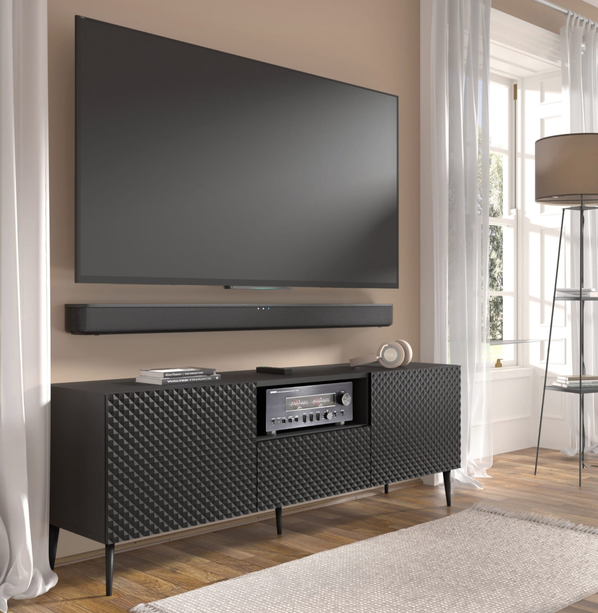 Ravenna PC Diament Szafka RTV 150 2D1S czarny mat, czarny wysoki połysk, czarna szpilka