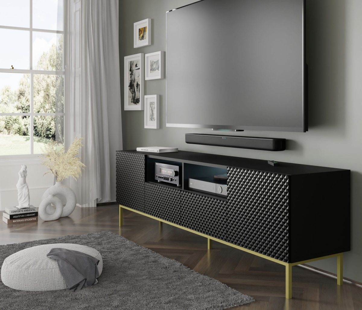 Ravenna CCK Diament Szafka RTV 200 2D2S czarny mat, czarny połysk, złota rama