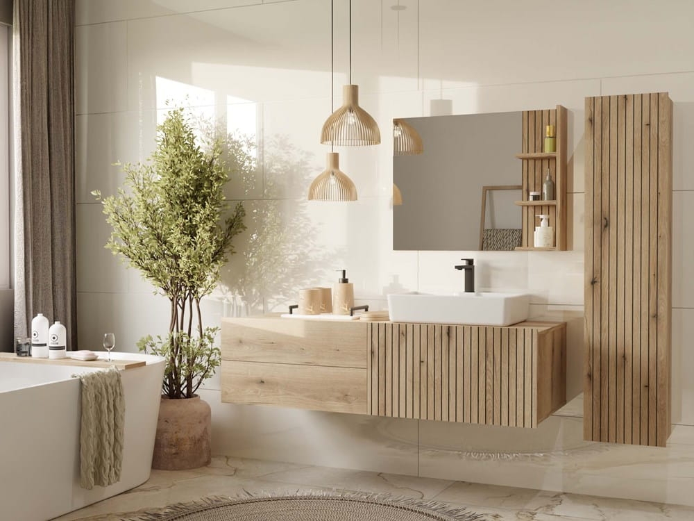 SZAFKA ŁAZIENKOWA WISZĄCA SŁUPEK REGAŁ TIGO 1D DĄB EVOKE RYFLOWANY FRONT