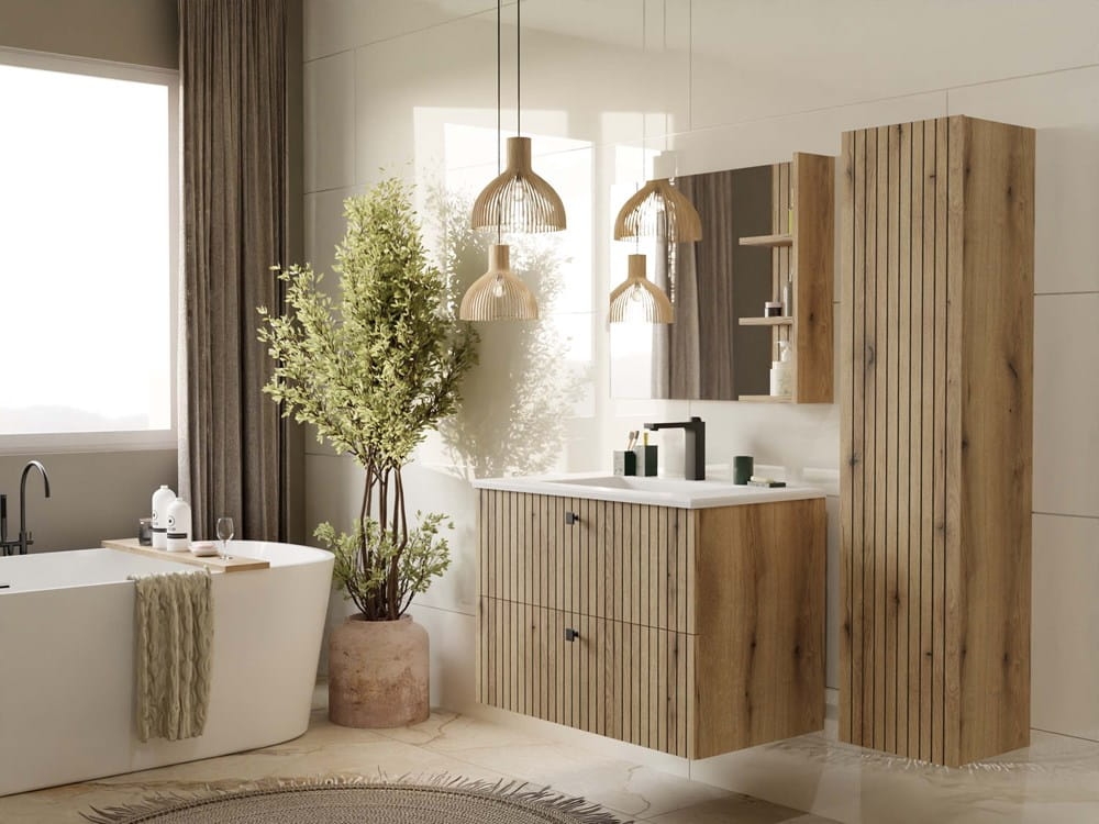 SZAFKA POD UMYWALKĘ TIGO 80 2S DĄB EVOKE 2 SZUFLADY RYFLOWANY FRONT WISZĄCA