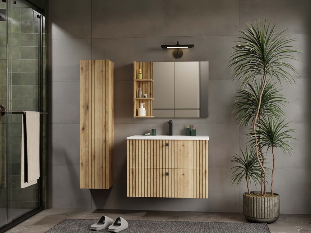 SZAFKA POD UMYWALKĘ TIGO 80 2S DĄB EVOKE 2 SZUFLADY RYFLOWANY FRONT WISZĄCA