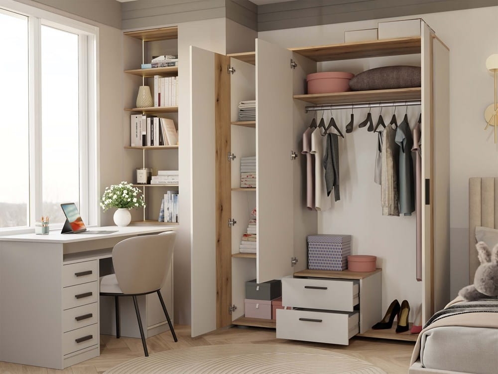 SZAFA AVA 150 CM LUSTRO 2 SZUFLADY RYFLOWANY FRONT DĄB EVOKE KASZMIR BEŻ