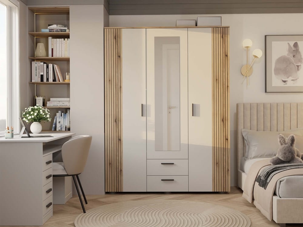 SZAFA AVA 150 CM LUSTRO 2 SZUFLADY RYFLOWANY FRONT DĄB EVOKE KASZMIR BEŻ