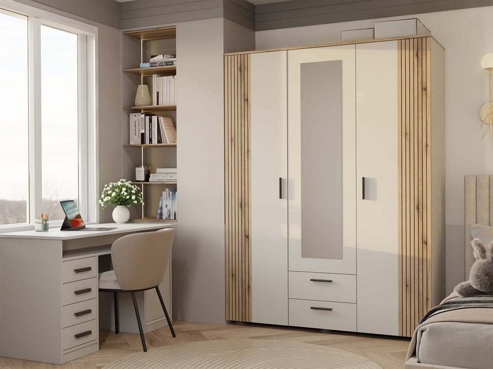 SZAFA AVA 150 CM LUSTRO 2 SZUFLADY RYFLOWANY FRONT DĄB EVOKE KASZMIR BEŻ