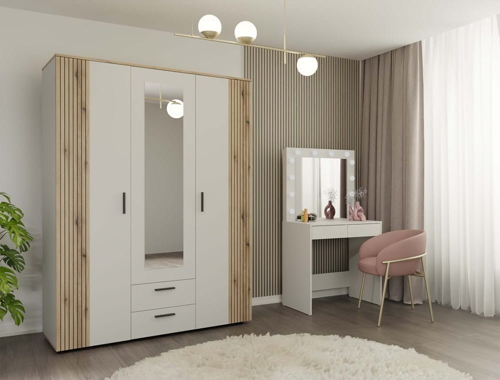 SZAFA AVA 150 CM LUSTRO 2 SZUFLADY RYFLOWANY FRONT DĄB EVOKE KASZMIR BEŻ